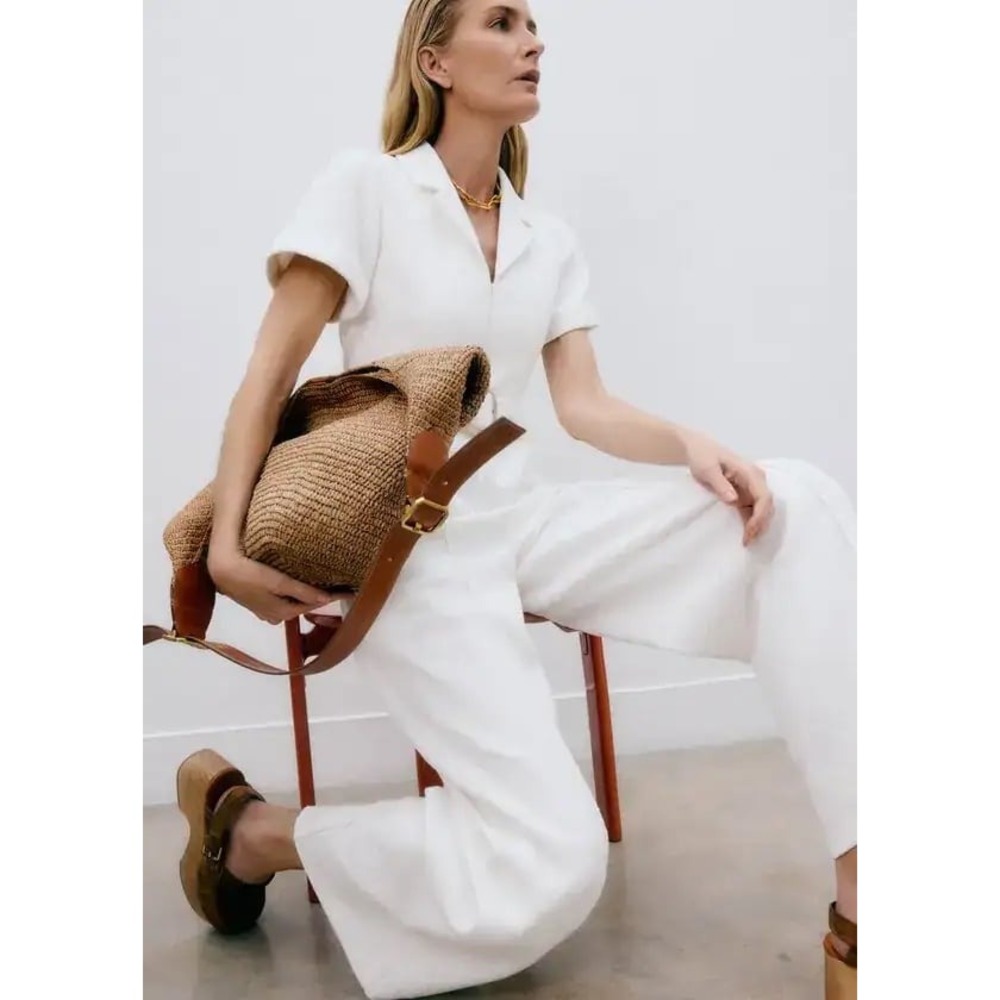 ME+EM White Italian Cotton Tweed Jumpsuit US 2 UK 6 Wide Leg Retail $595